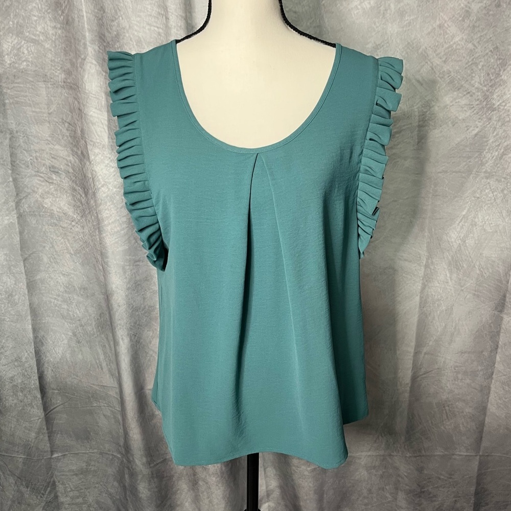 Molly Bracken Teal Ruffle Sleeve Keyhole Back Blouse - MED